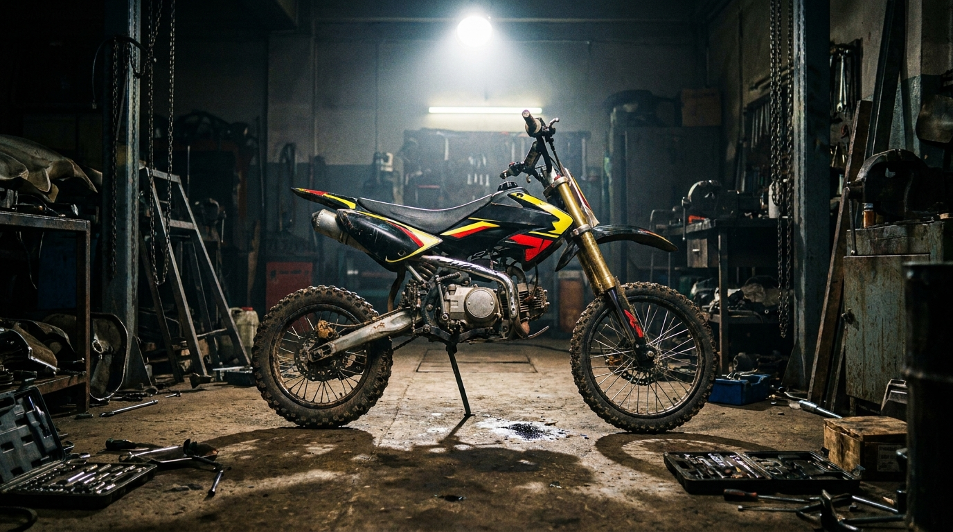 Moto cross prête dans l'atelier Nitro Bike
